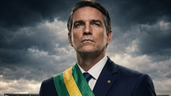Retrato de um homem ao ar livre, usando terno azul e faixa verde e amarela, diante de um céu nublado ao fundo; fotografia em estilo institucional.