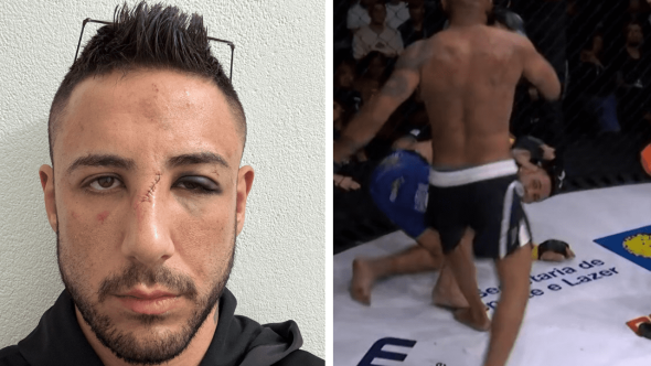 Lucas leva golpe irregular na Jungle Fight (Foto: Reprodução / Redes sociais; Jungle Fight TV)