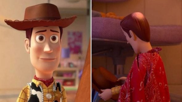 Personagens de Toy Story 5 em cena: Woody aparece em ambiente interno, com Chapéu e colete, enquanto um segundo personagem com cabelo encaracolado/chapéu se afasta no fundo do sofá. Promoção para sessões do novo filme.