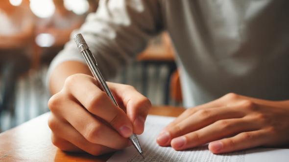 Imagem em close de uma mão escrevendo e assinando um formulário com caneta sobre uma mesa, remetendo a concurso público. Cubatão abre concurso público para vários níveis de escolaridade, com salários chegando a R$ 5,5 mil.