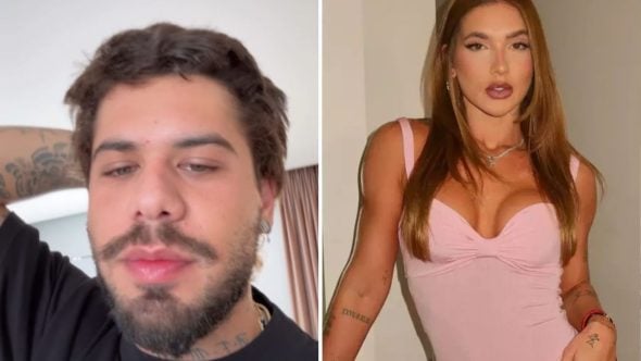 Zé Felipe em entrevista, em dois momentos de imagem: à esquerda um close do cantor com barba e tatuagens; à direita, foto de Virginia Fonseca em vestido rosa, compondo a manchete sobre o fim da relação.